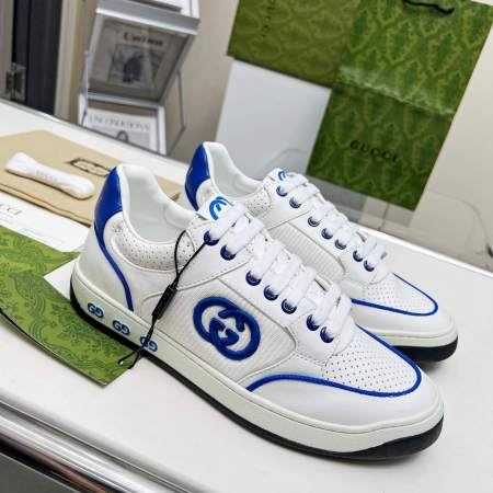Gucci White Blue Leather Interlocking G Sneaker