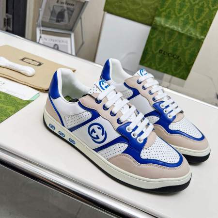 Gucci White Cream and Blue Leather Interlocking G Sneaker