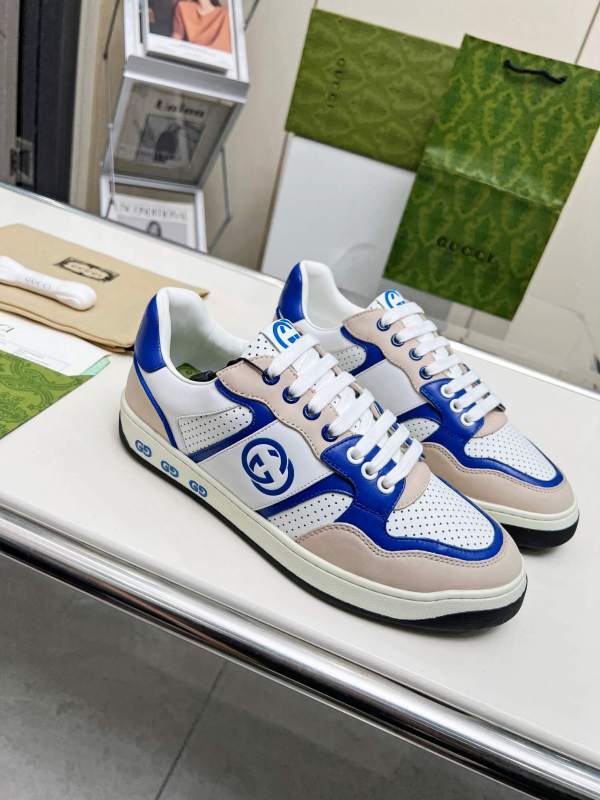 Gucci White Cream and Blue Leather Interlocking G Sneaker