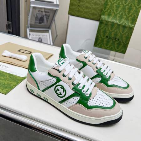 Gucci White Cream and Green Leather Interlocking G Sneaker