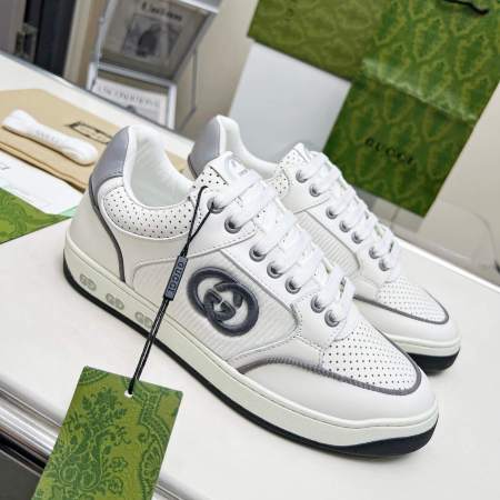 Gucci White Grey Leather Interlocking G Sneaker