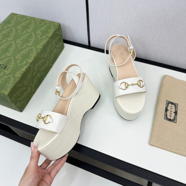 Gucci Women's White Alligator Skin Horsebit Platform Sandal