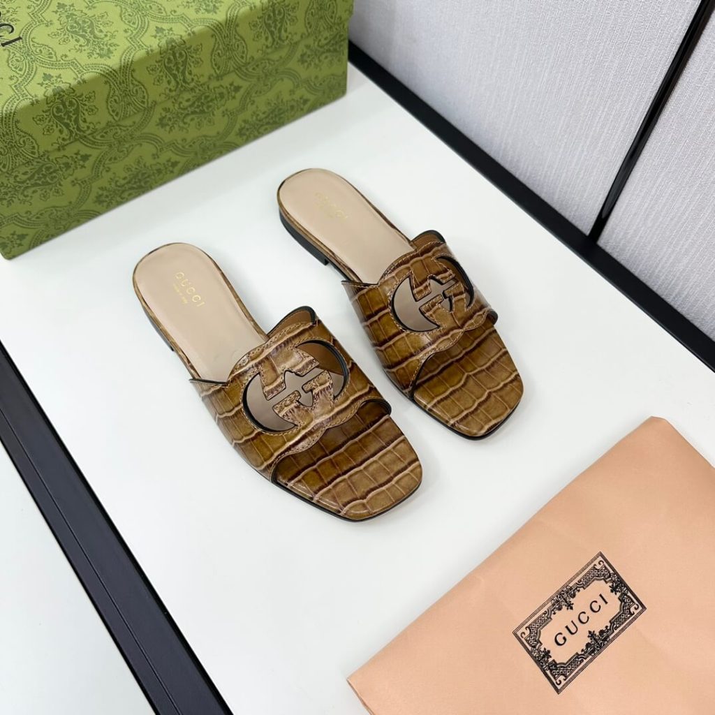 Gucci Women's Alligator Skin Cutout Interlocking G Slide Sandal