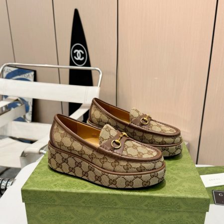 Gucci Women's Beige Ebony GG Canvas Horsebit Wedge Loafer