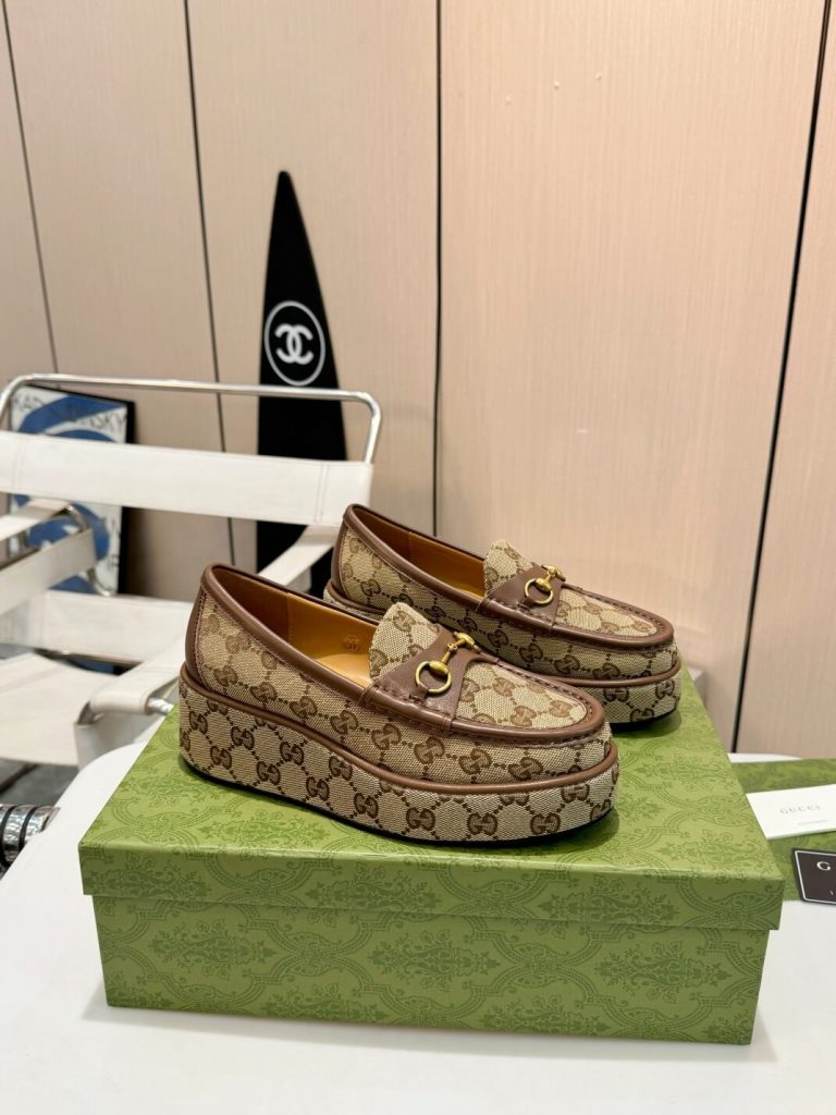 Gucci Women's Beige Ebony GG Canvas Horsebit Wedge Loafer