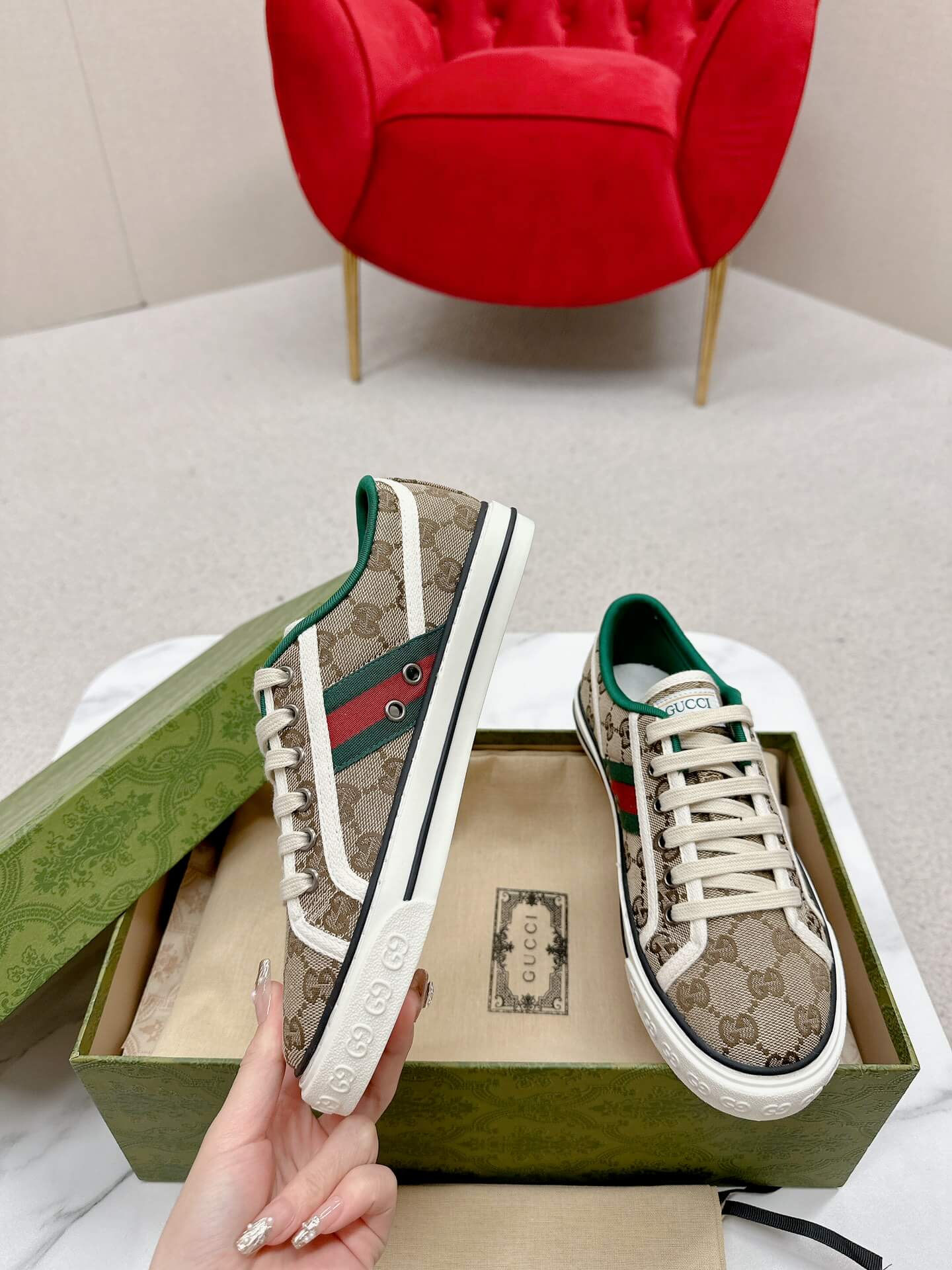 Gucci Women's Tennis 1977 Sneaker in Original Beige Ebony GG Canvas