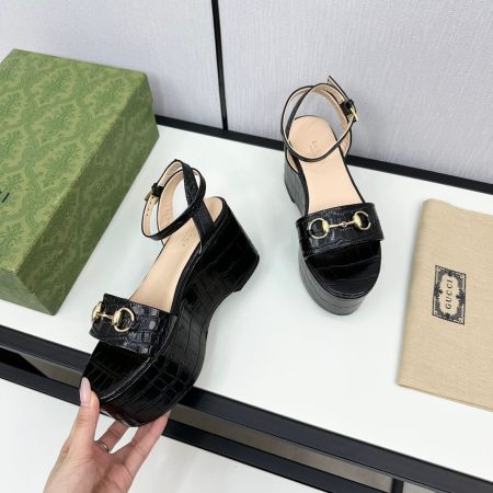 Gucci Women's Black Alligator Skin Horsebit Platform Sandal