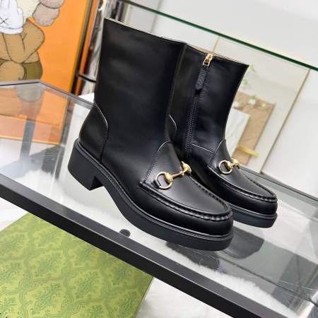 Gucci Women's Lug Sole Loafer Shaped Front Black Leather Boot