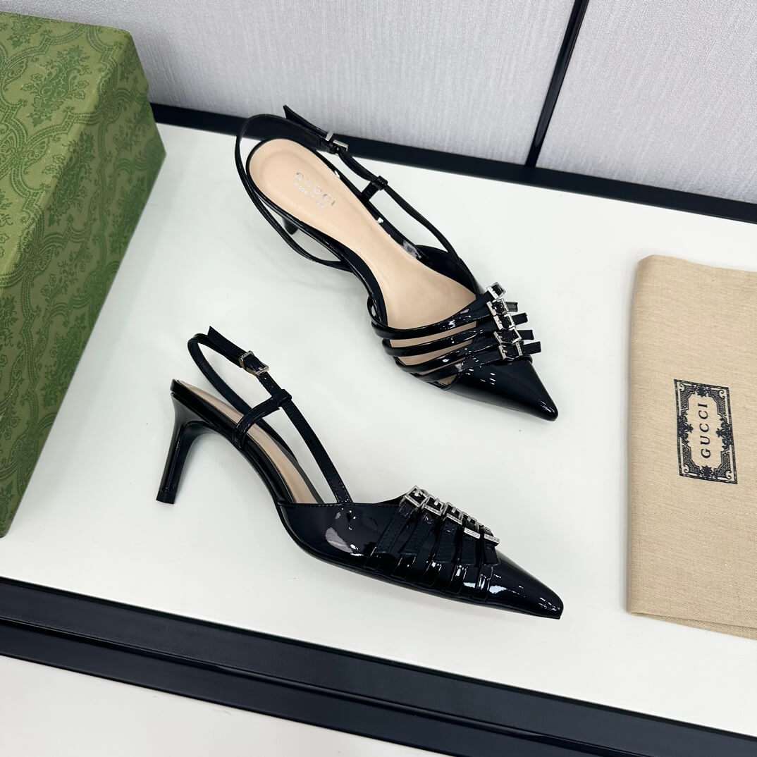 Gucci Women's Black Leather Mid-Heel Slingback Pump - Image 6