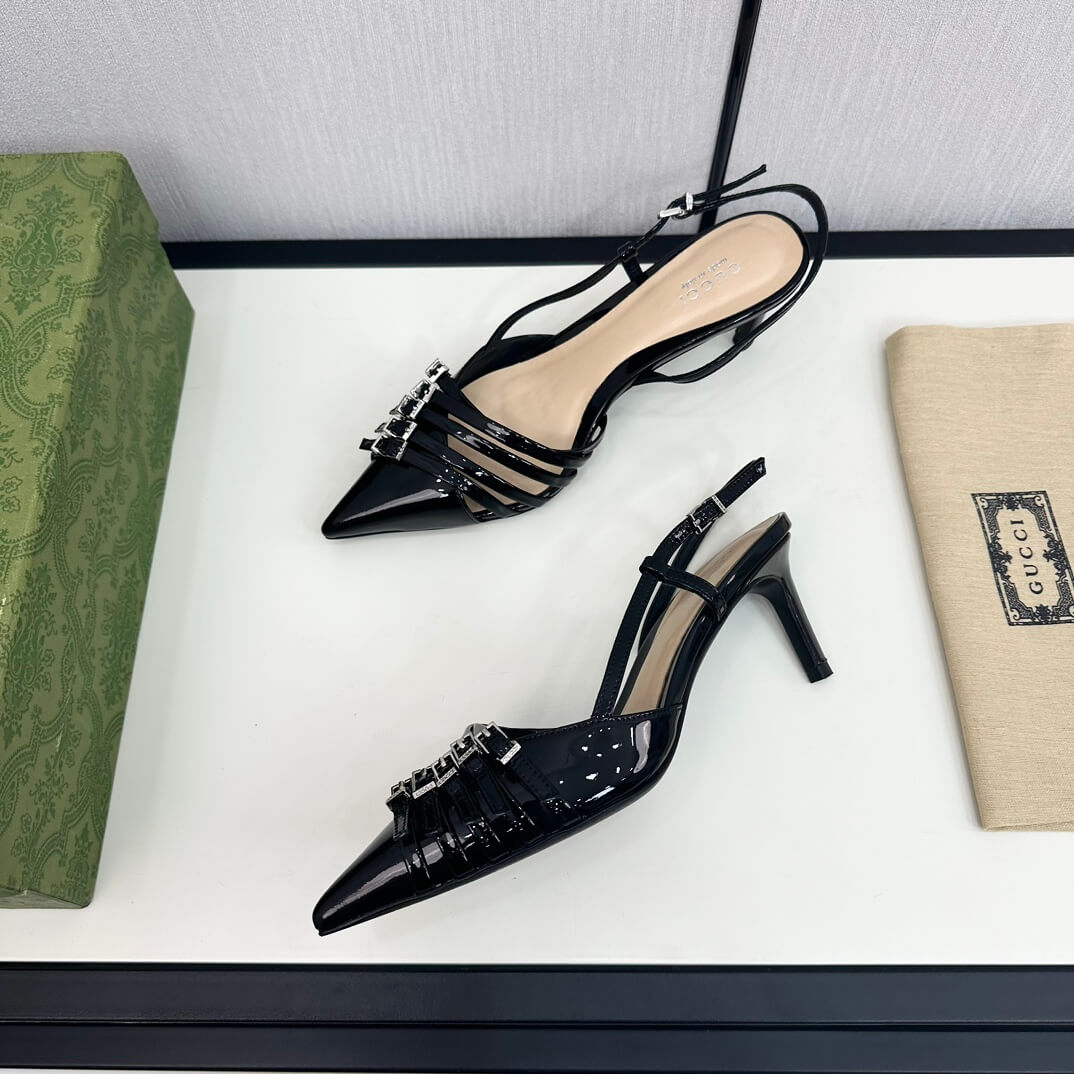 Gucci Women's Black Leather Mid-Heel Slingback Pump - Image 3