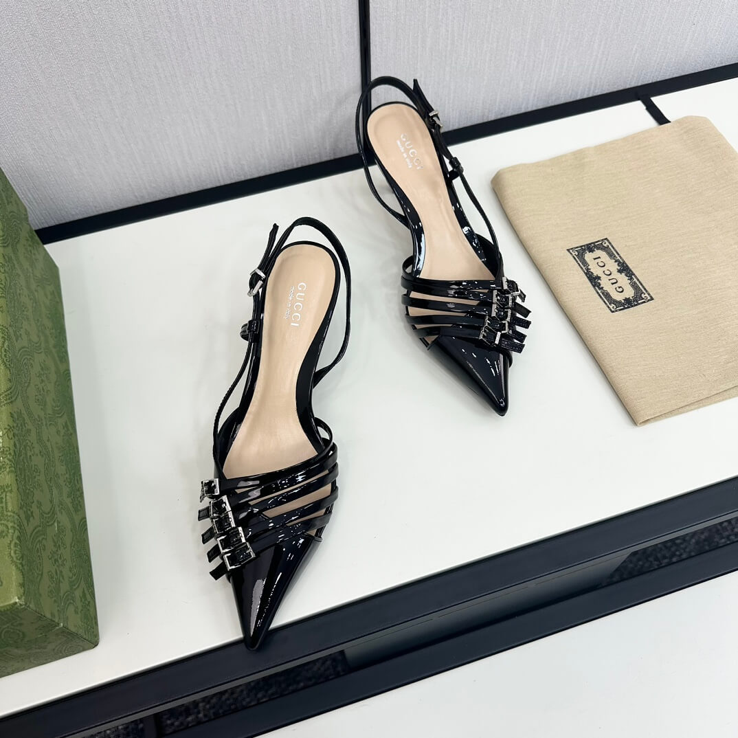 Gucci Women's Black Leather Mid-Heel Slingback Pump - Image 8