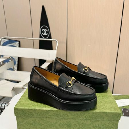 Gucci Women's Black Leather Horsebit Wedge Loafer