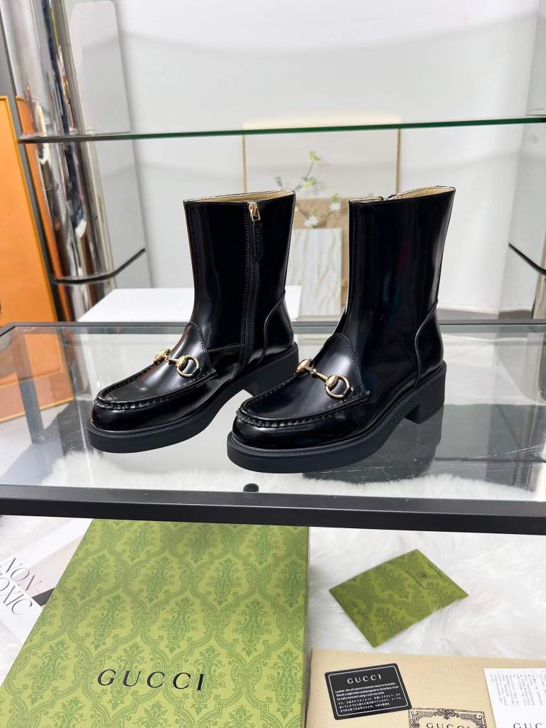 Gucci Women's Lug Sole Black Polished Leather Horsebit Boot
