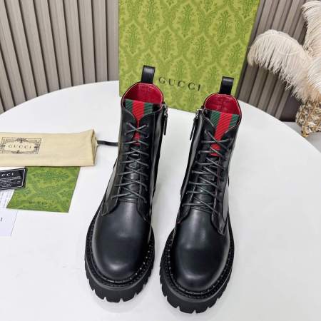 Gucci Women's Black Shiny Leather Lace-Up Boot with Web