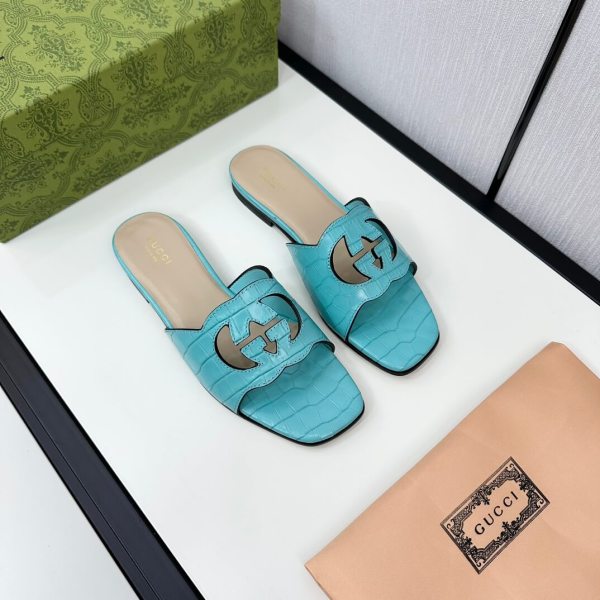 Gucci Women's Blue Alligator Skin Cutout Interlocking G Slide Sandal