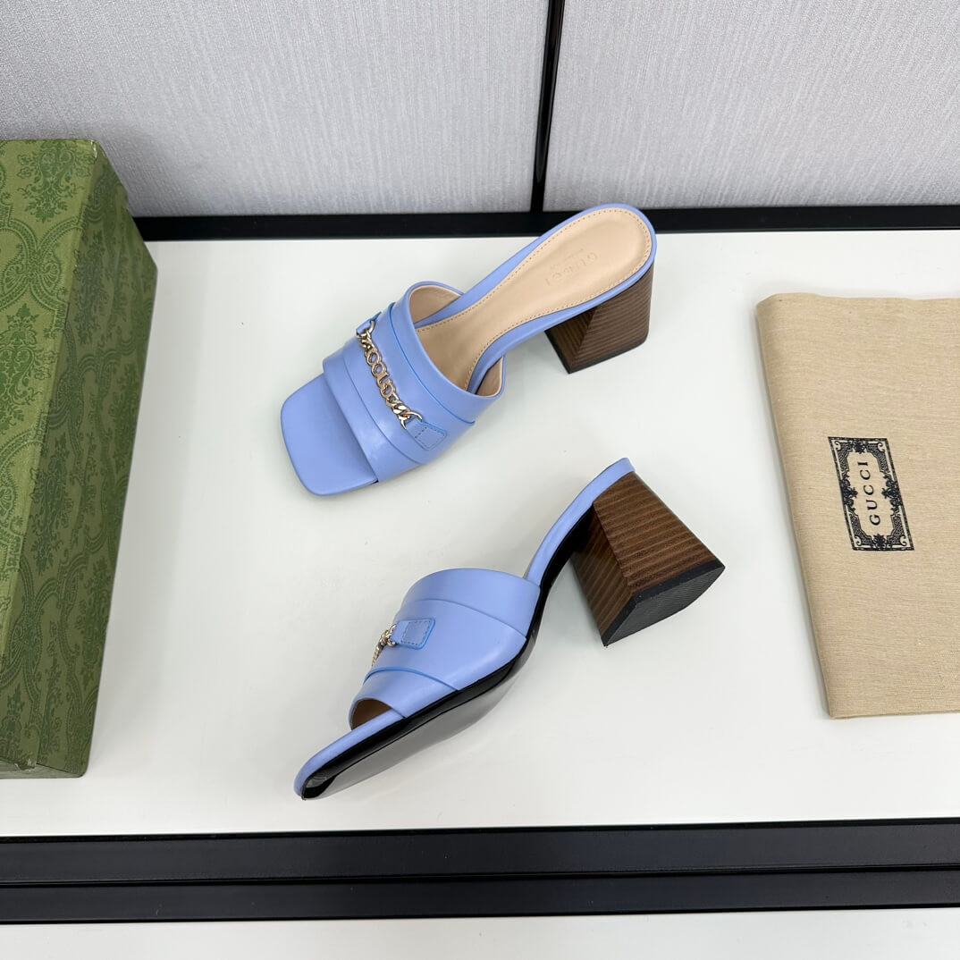 Gucci Women's Blue Leather Signoria Slide Sandal - Image 4