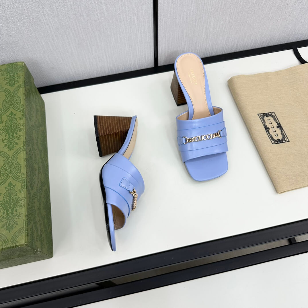 Gucci Women's Blue Leather Signoria Slide Sandal - Image 5