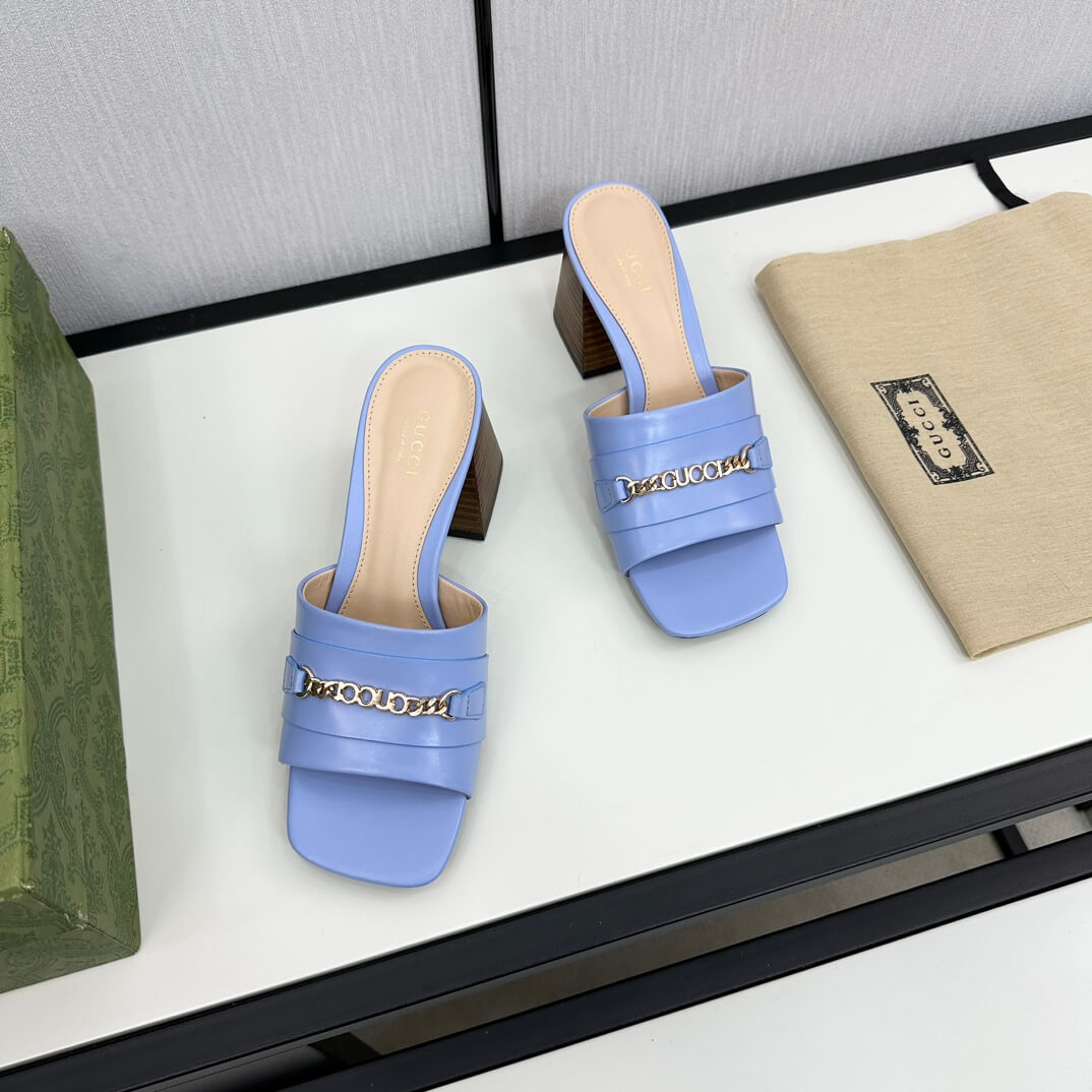 Gucci Women's Blue Leather Signoria Slide Sandal - Image 7