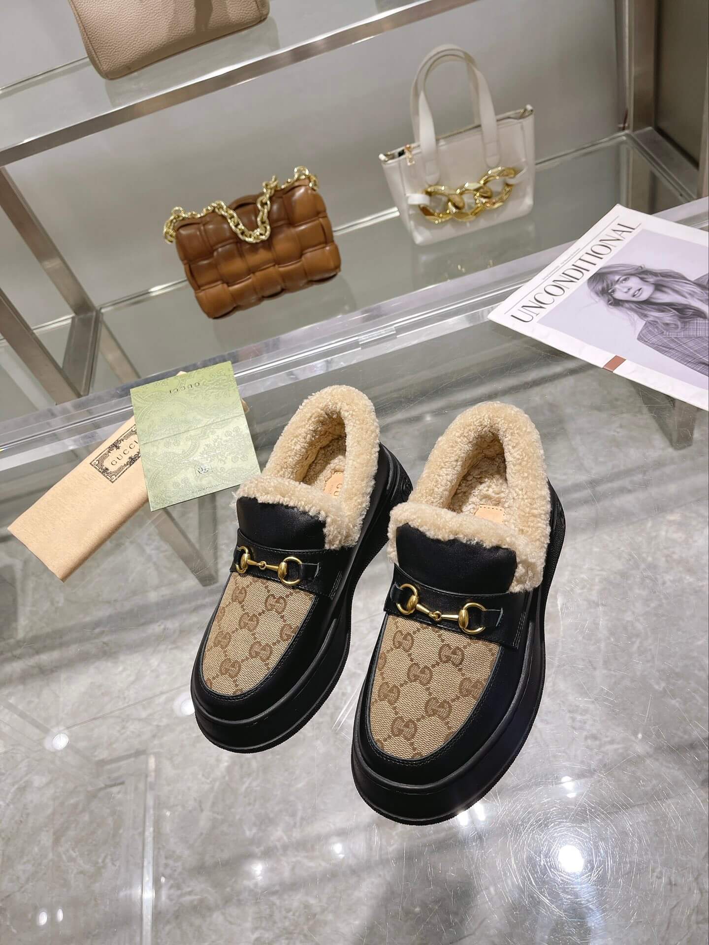 Gucci Women's Wool-Lined Brown GG Canvas Black Leather Horsebit Loafer