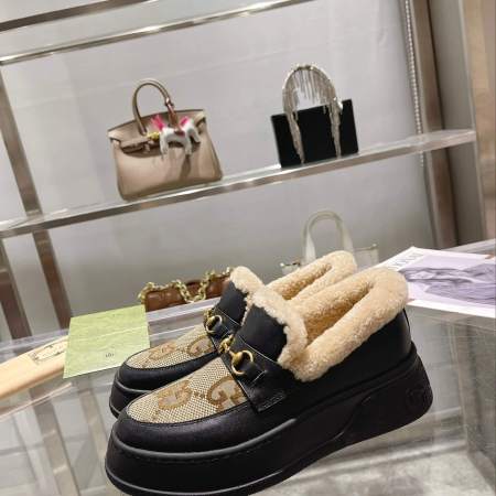 Gucci Women's Wool-Lined GG Canvas Black Leather Horsebit Loafer