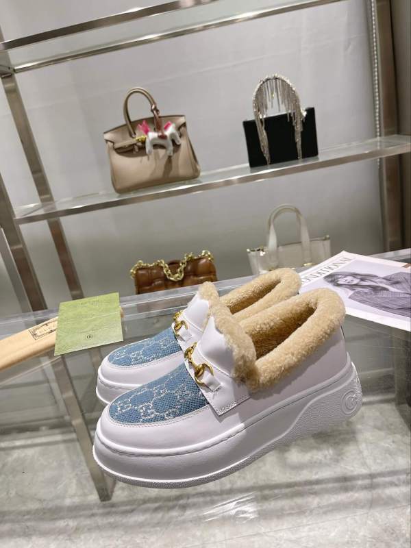 Gucci Women's Blue GG Jacquard Wool-Lined White Leather Horsebit Loafer.