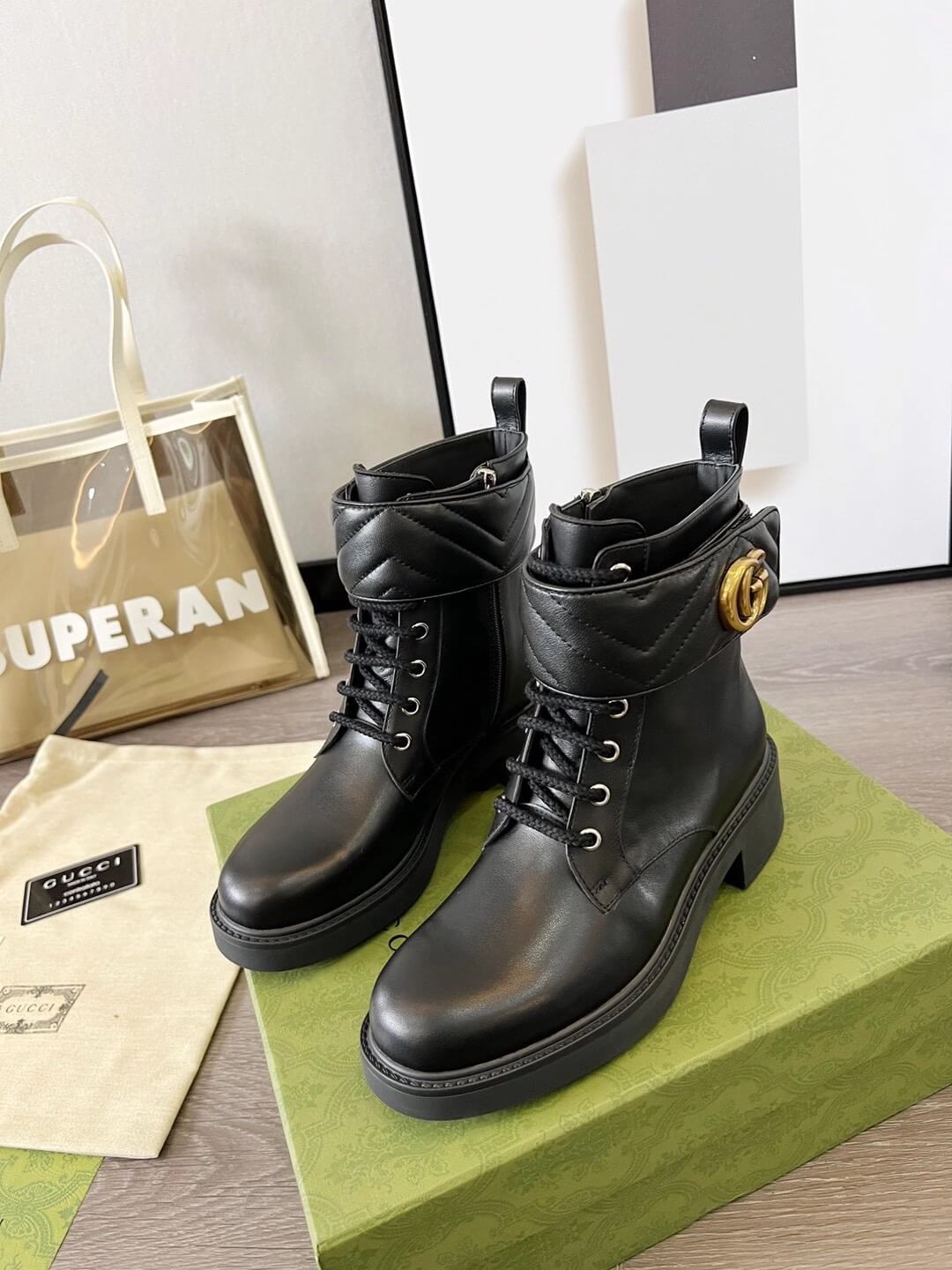 Gucci Women's Double-G Black Leather Lace-Up Boot