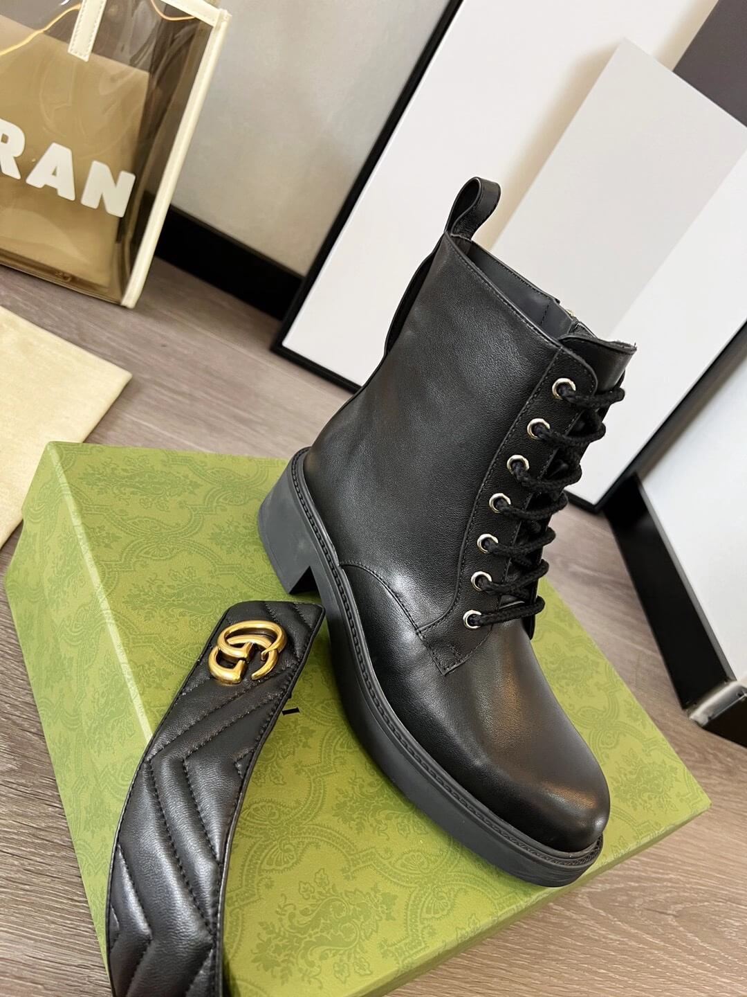 Gucci Women's Double-G Black Leather Lace-Up Boot - Image 7