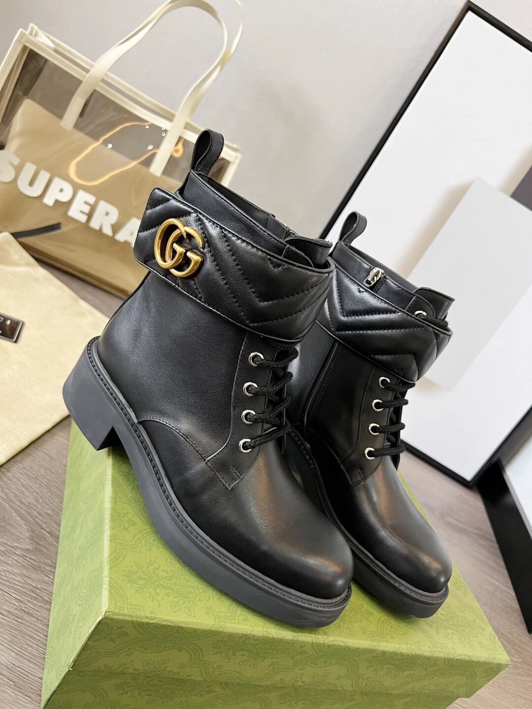 Gucci Women's Double-G Black Leather Lace-Up Boot - Image 6