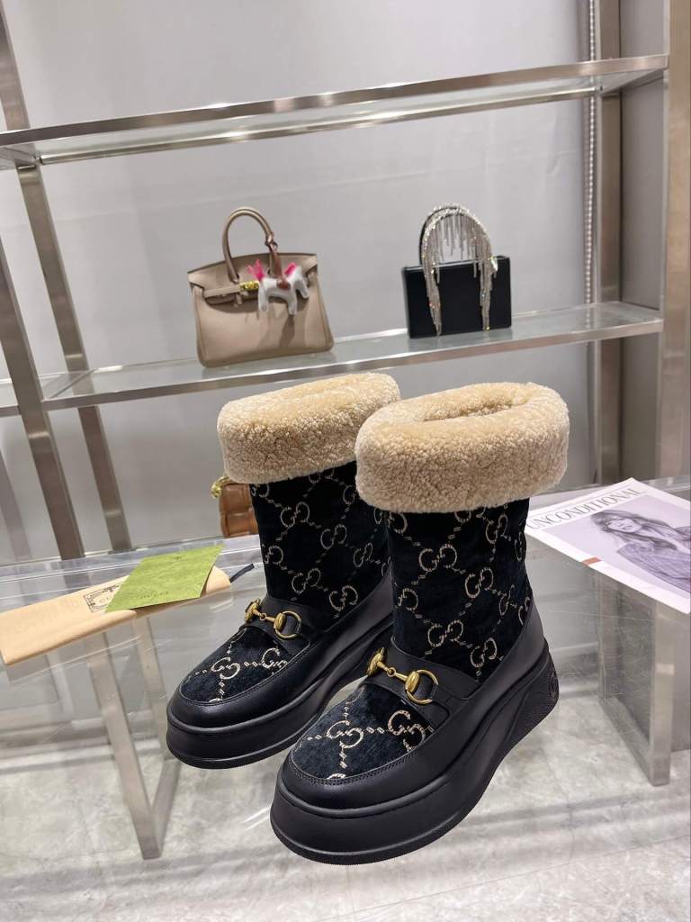 Gucci Women's Black Suede and Leather GG-Embossed Horsebit Winter Boot