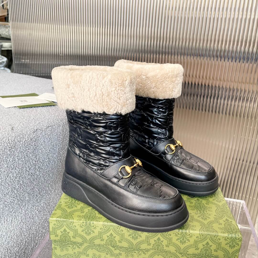 Gucci Women's Black Leather and Quilted Nylon Shearling-Lined Horsebit Winter Boot - Image 2