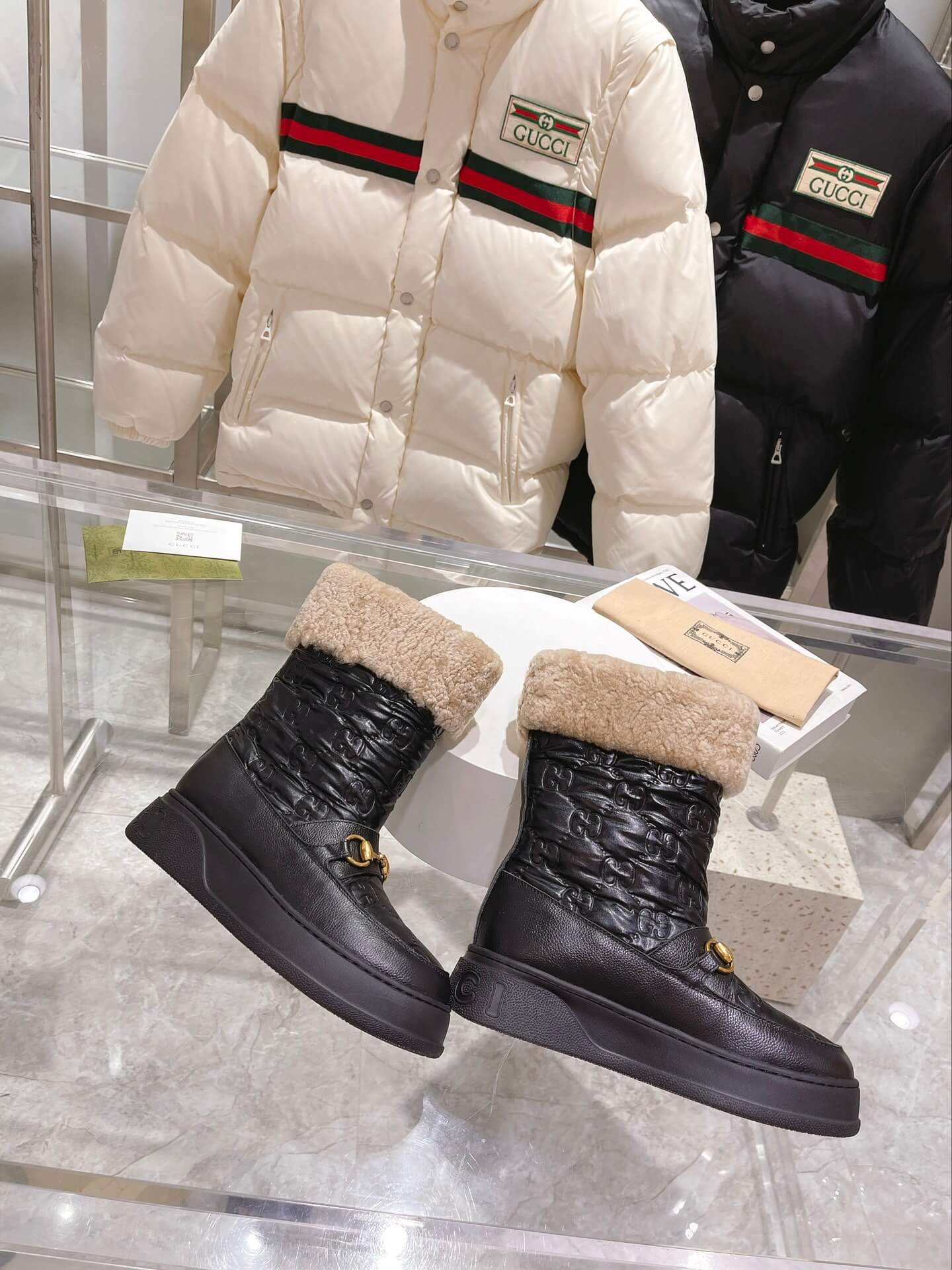 Gucci Women's Black Leather and Quilted Nylon Shearling-Lined Horsebit Winter Boot - Image 6