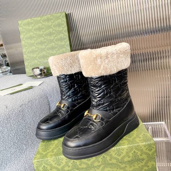 Gucci Women's Black Leather and Quilted Nylon Shearling-Lined Horsebit Winter Boot