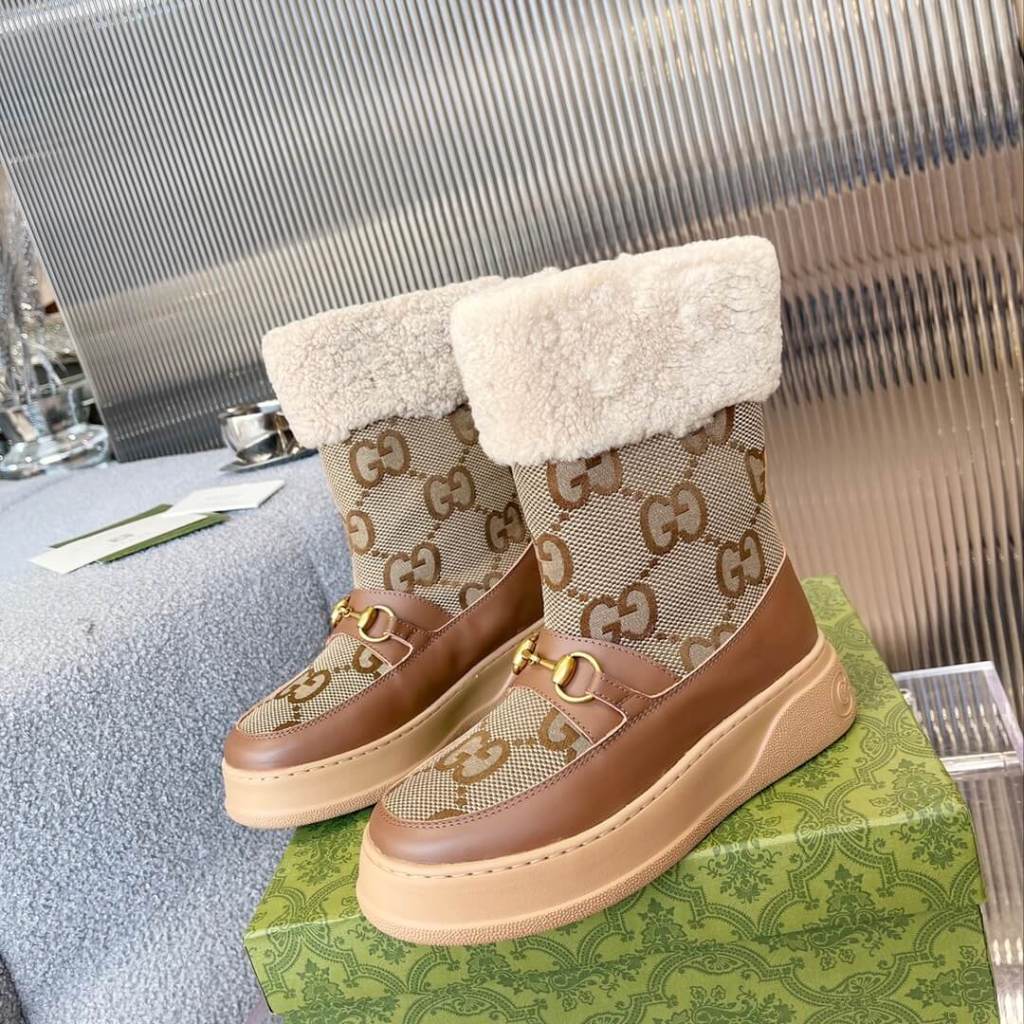 Gucci women's GG Brown Canvas Jacquard Shearling-Lined Brown Winter Boot