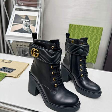 Gucci Women's Double-G Black Leather Mid-Heel Lace-Up Boot