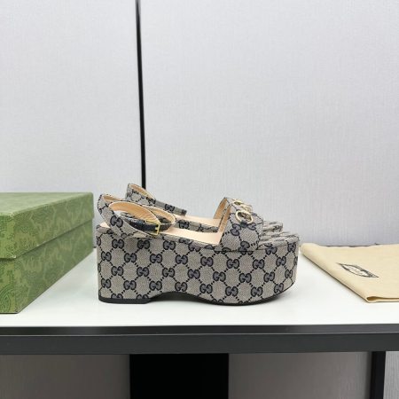 Gucci Women's Grey Black GG Canvas Horsebit Platform Sandal