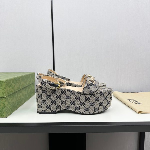 Gucci Women's Grey Black GG Canvas Horsebit Platform Sandal