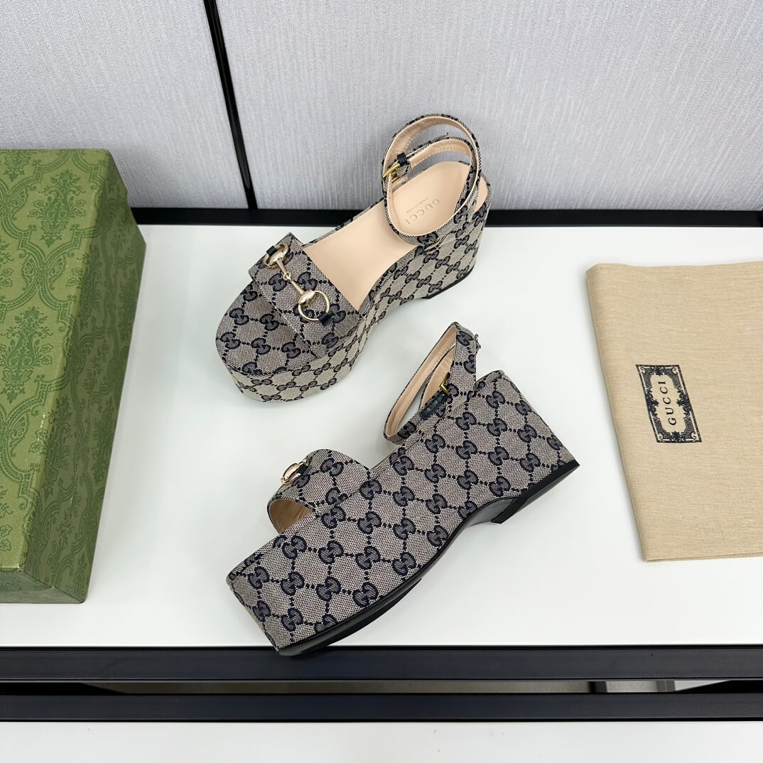 Gucci Women's Grey Black GG Canvas Horsebit Platform Sandal - Image 5