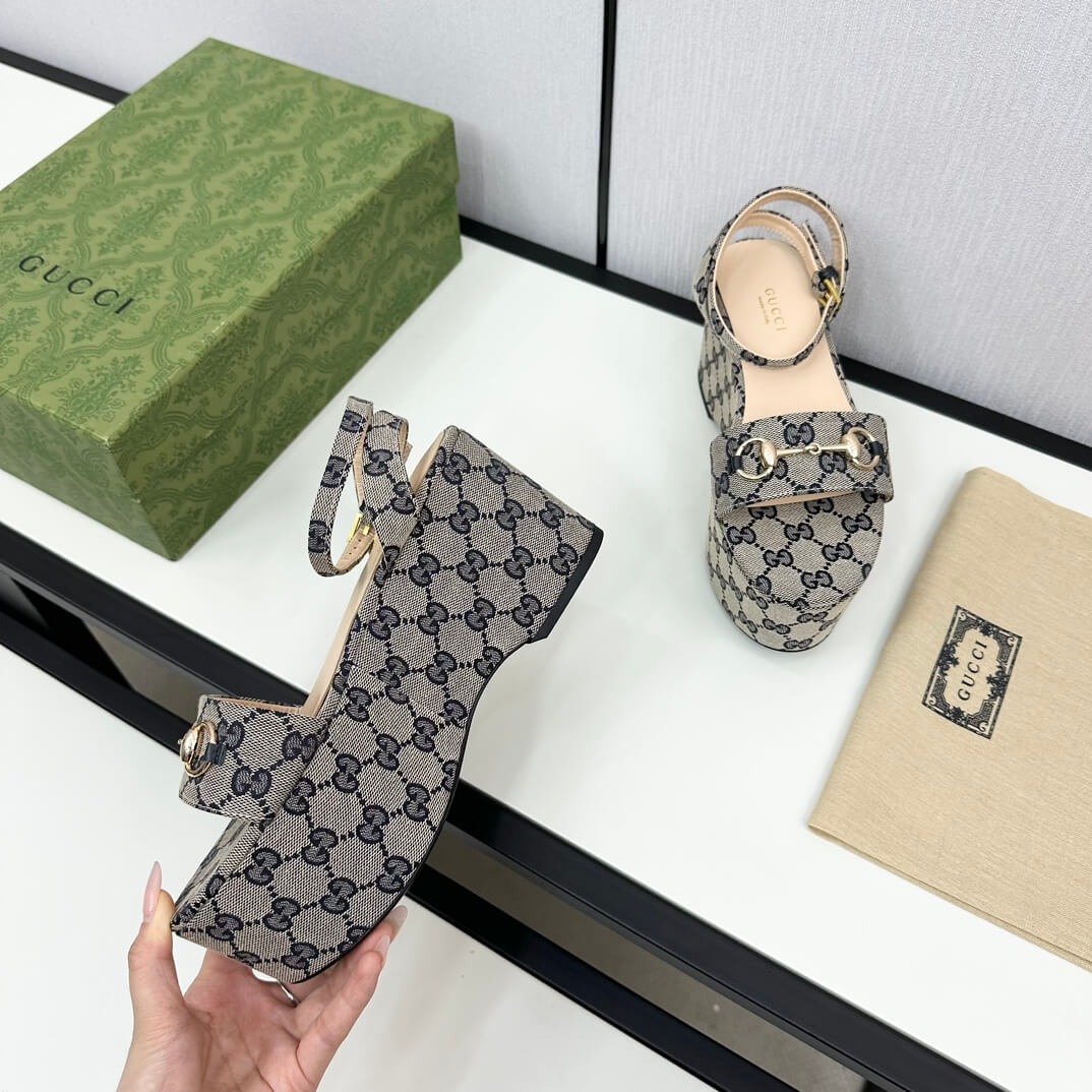 Gucci Women's Grey Black GG Canvas Horsebit Platform Sandal - Image 6