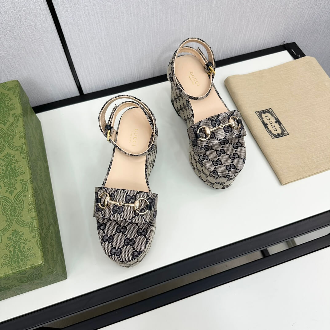 Gucci Women's Grey Black GG Canvas Horsebit Platform Sandal - Image 7