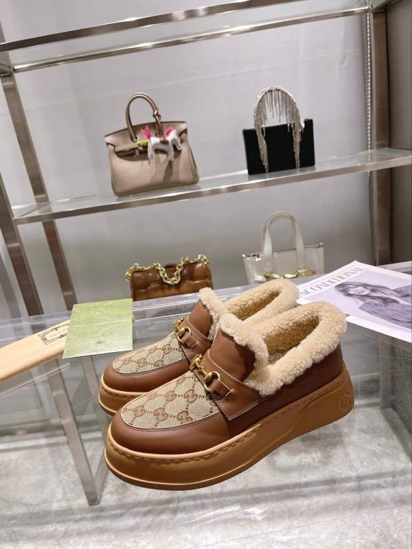 Gucci Women's Wool-Lined GG Canvas Brown Leather Horsebit Loafer