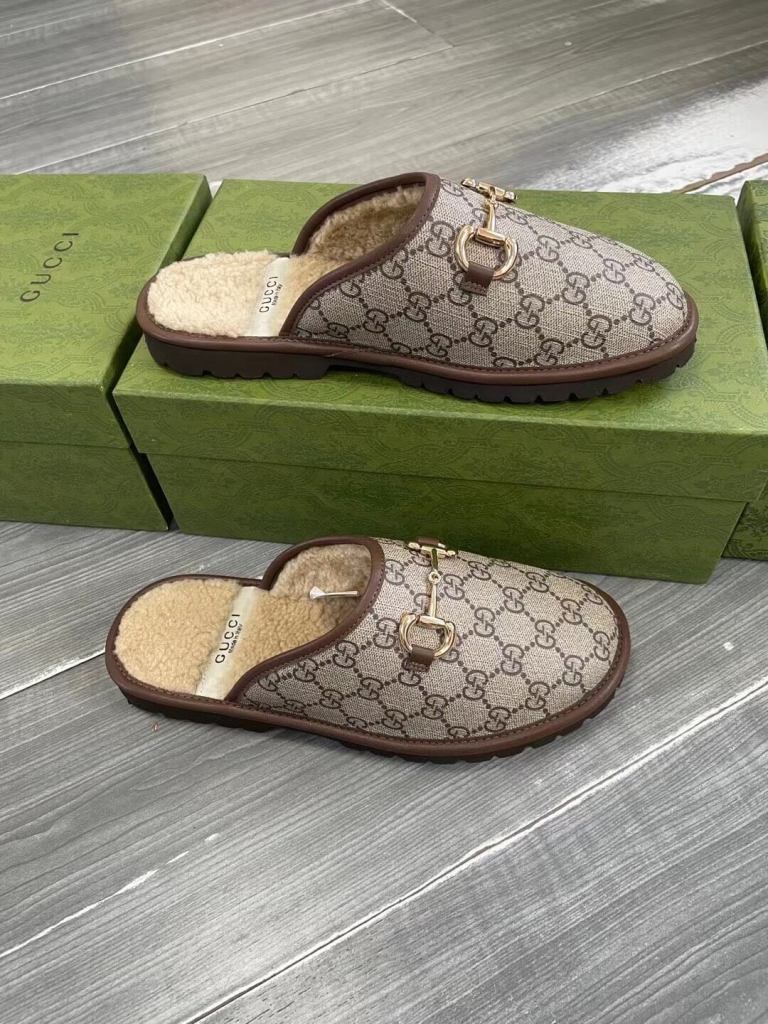 Gucci Grey Wool-Lined Horsebit Mules