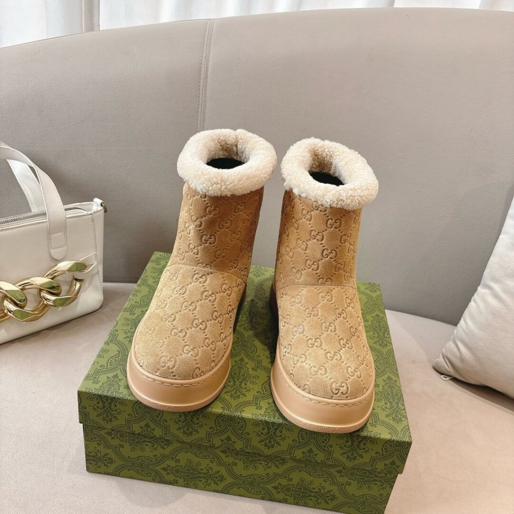 Gucci Women's Beige GG Suede Boot With Merino Trim