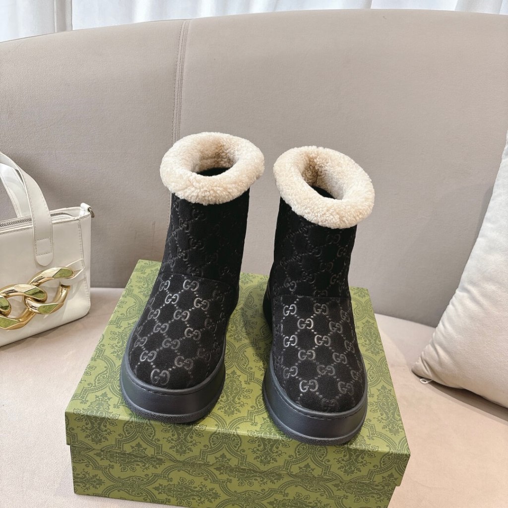 Gucci Women's Black GG Suede Boot With Merinos Trim