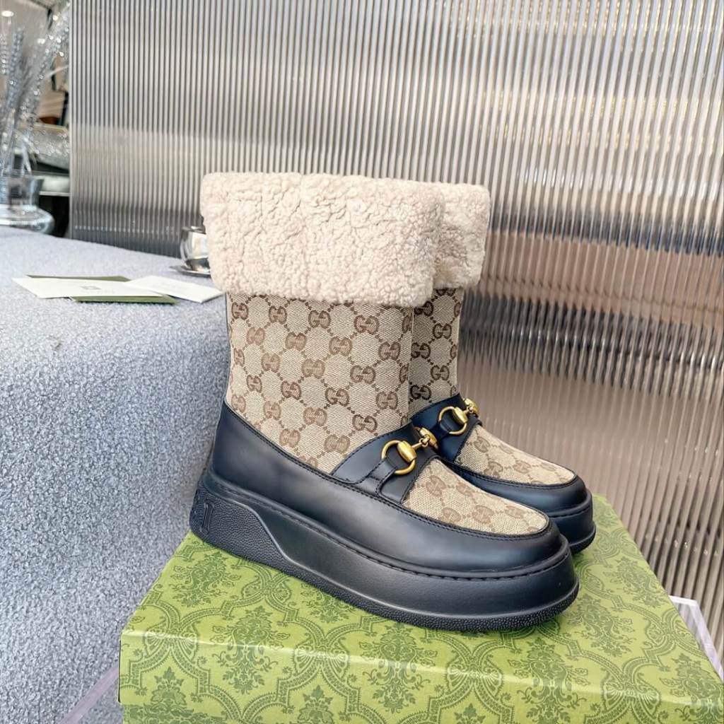 Gucci Women's Black Leather Trim GG Canvas & Shearling-Lined Horsebit Winter Boots