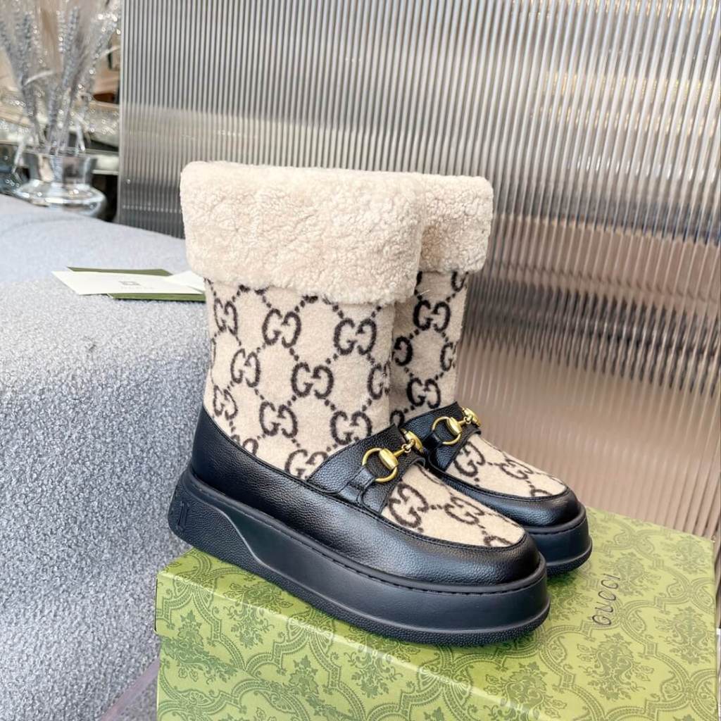 Gucci Women's Black Leather Trim GG Wool and Shearling-Lined Horsebit Winter Boot