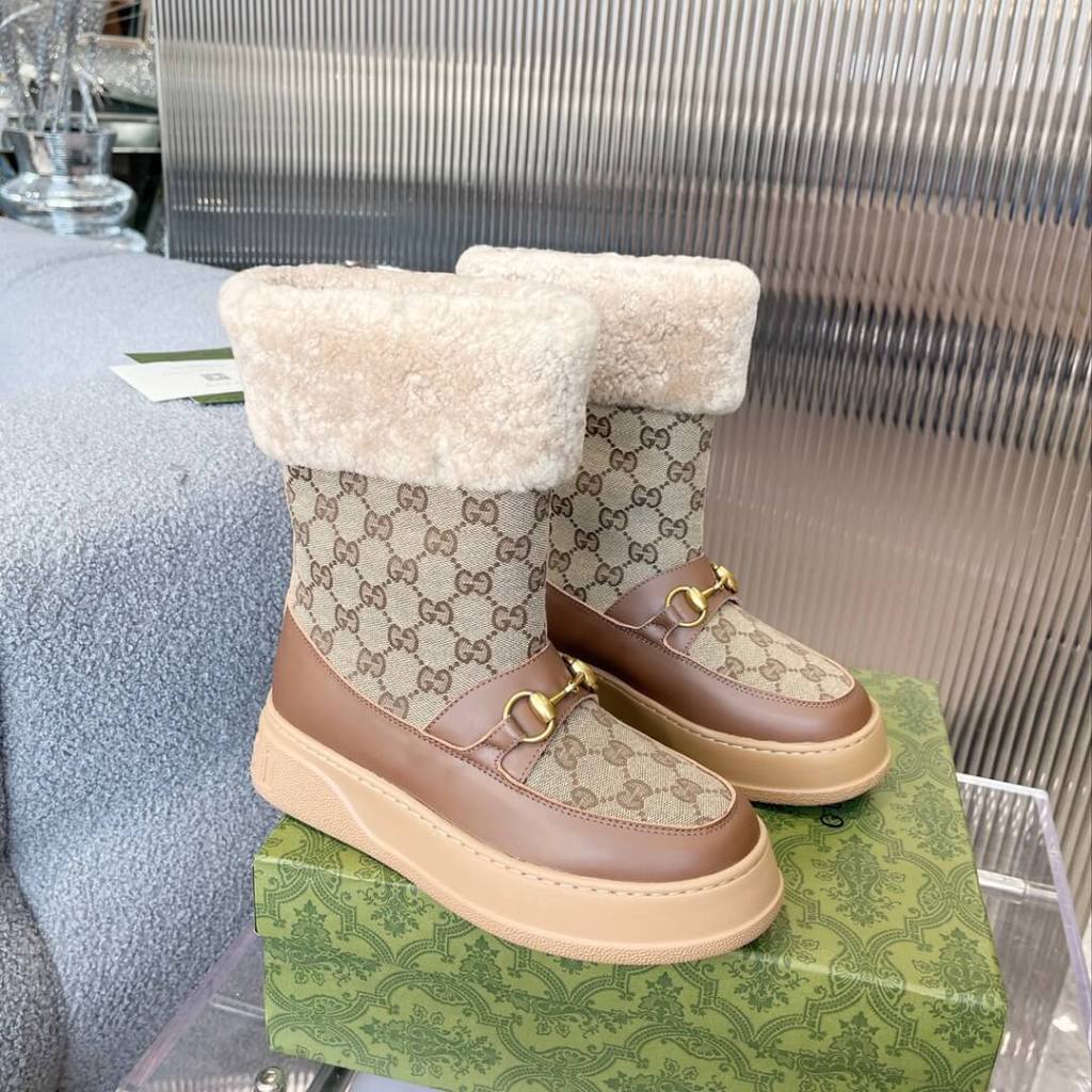 Gucci Women's Shearling-Lined Beige & Brown GG Canvas and Leather Trim Horsebit Winter Boot