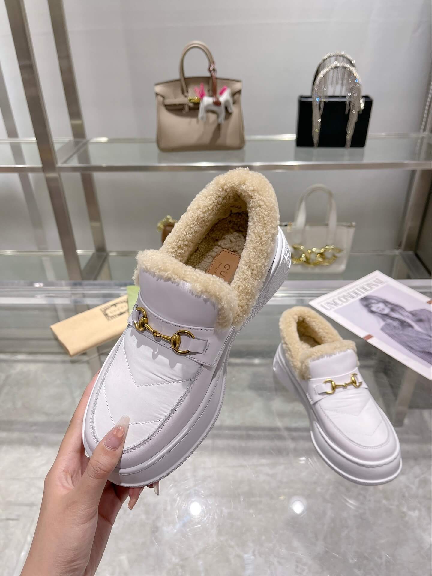 Gucci Women's Wool-Lined Leather White Slip-On Horsebit Loafer. - Image 6