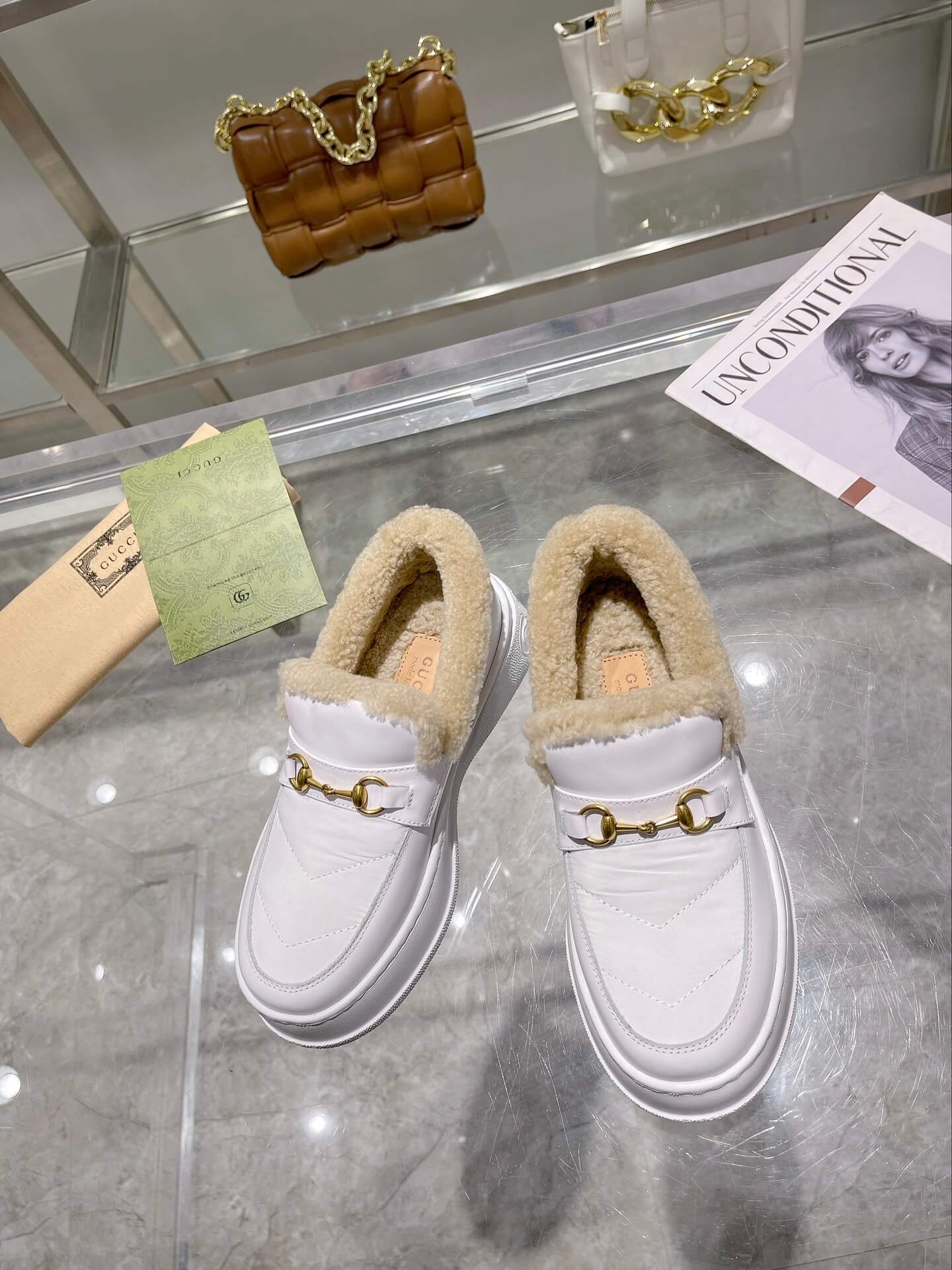 Gucci Women's Wool-Lined Leather White Slip-On Horsebit Loafer. - Image 4