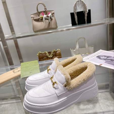 Gucci Women's Wool-Lined Leather White Slip-On Horsebit Loafer.