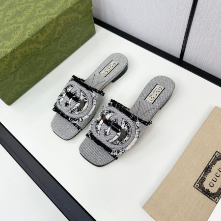Gucci Women's Stripped Denim Interlocking G Slide Sandal